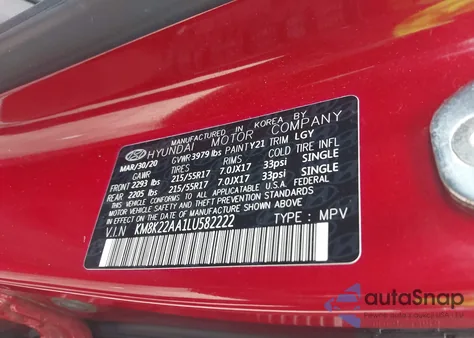 2020 Hyundai Kona Sel z USA, uszkodzony, nr VIN KM8K22AA1LU582222